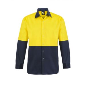 NCC HI VIS TWO TONE LONG SLEEVE COTTON DRILL FOOD INDUSTRY SHIRT WITH PRESS STUDS AND NO POCKETS