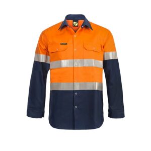 NCC HI VIS TWO TONE LONG SLEEVE COTTON DRILL SHIRT WITH INDUSTRIAL LAUNDRY REFLECTIVE TAPE AND PRESS STUDS