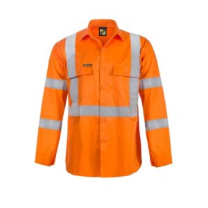 NCC LIGHTWEIGHT HI VIS LONG SLEEVE VENTED COTTON DRILL SHIRT WITH X PATTERN CSR REFLECTIVE TAPE