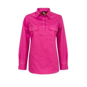 NCC LADIES LIGHTWEIGHT LONG SLEEVE HALF PLACKET COTTON DRILL SHIRT WITH CONTRAST BUTTONS