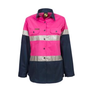 NCC LADIES LIGHTWEIGHT HI VIS TWO TONE LONG SLEEVE VENTED COTTON DRILL SHIRT WITH CSR REFLECTIVE TAPE - NIGHT USE ONLY