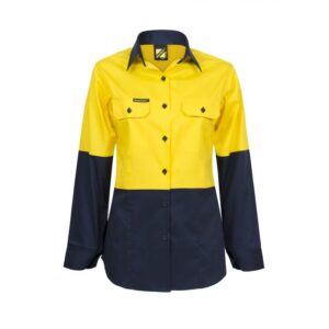 NCC LADIES LIGHTWEIGHT HI VIS TWO TONE LONG SLEEVE VENTED COTTON DRILL SHIRT