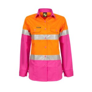 NCC LADIES LIGHTWEIGHT HI VIS TWO TONE LONG SLEEVE VENTED COTTON DRILL SHIRT WITH CSR REFLECTIVE TAPE
