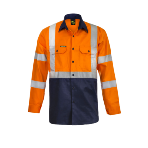 NCC HI VIS TWO TONE FRONT LONG SLEEVE COTTON DRILL SHIRT WITH X PATTERN CSR REFLECTIVE TAPE